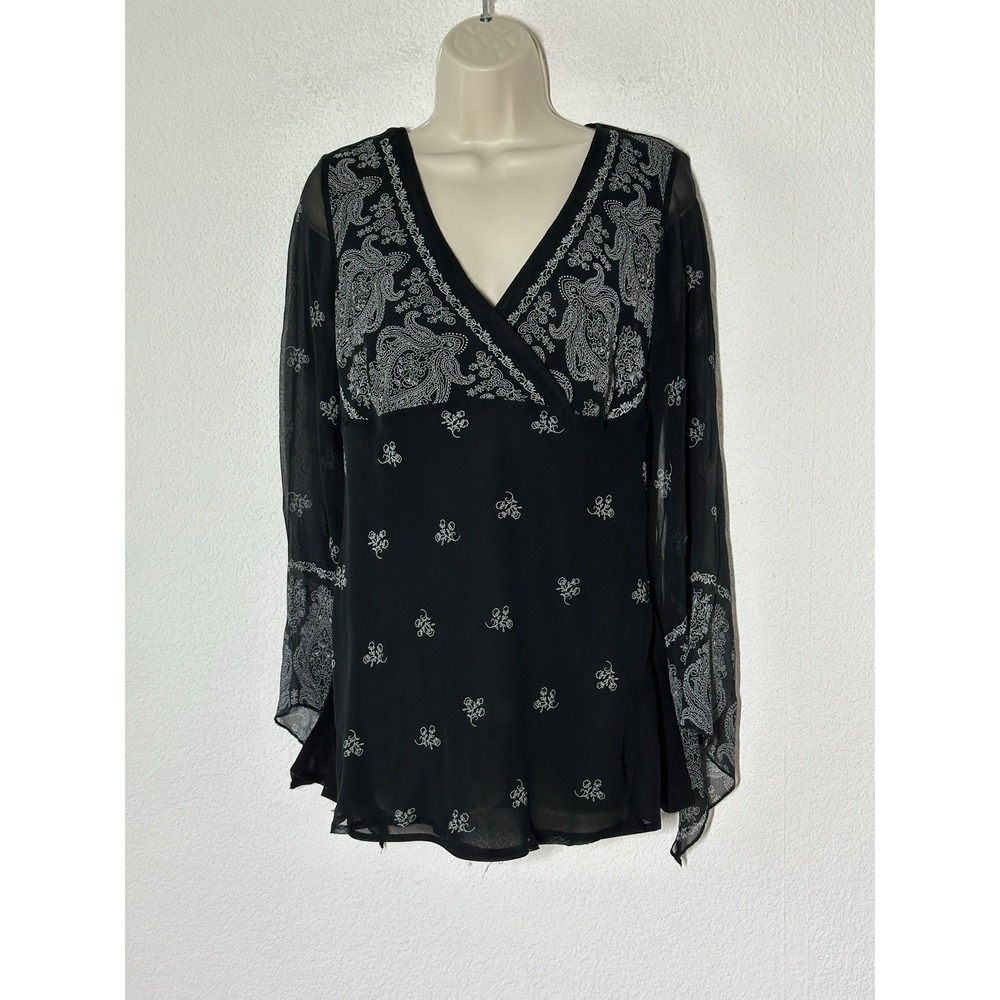Vtg 90s Y2K Babydoll Black White Silk Top Size S Boho Goth Grunge Fairy Festival